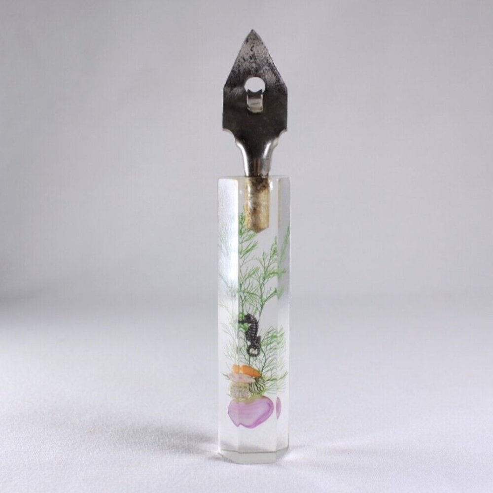 Vintage lucite clear float faux seahorse shells bottle opener tourist souvenir